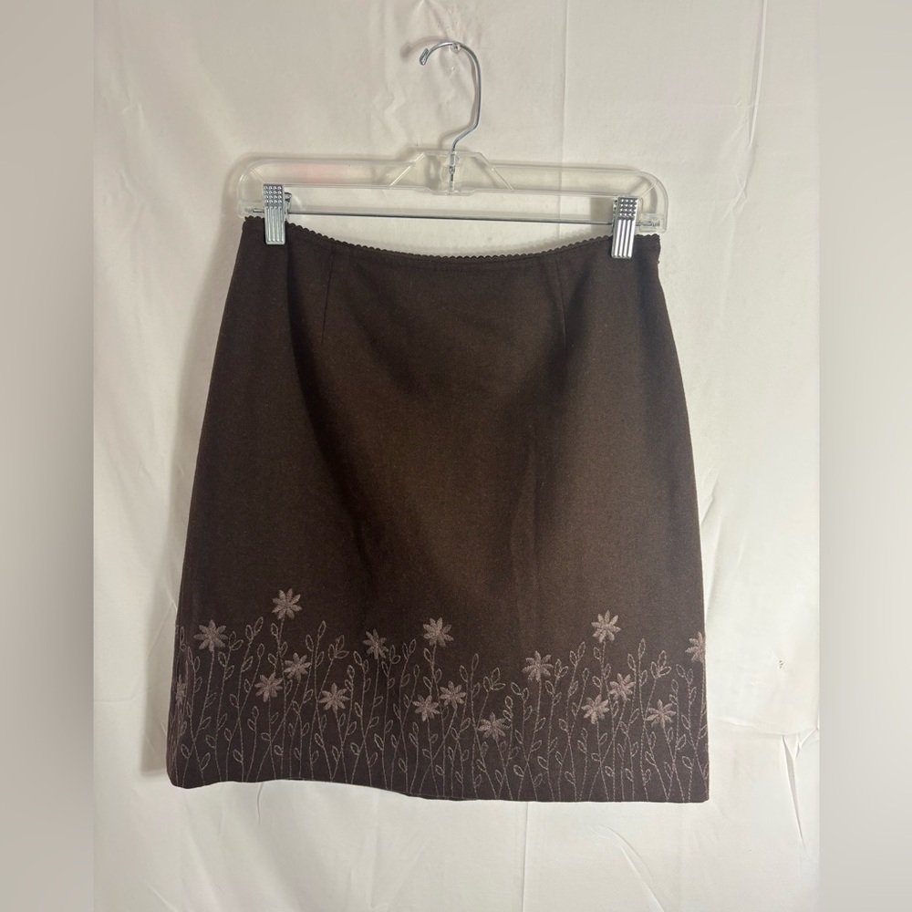 VTG Chocolate Brown Wool Blend Embroidered Feminine Boho Mini Skirt‎ Size M